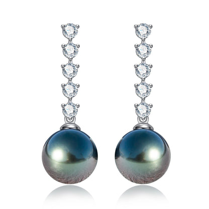 Tahitian Black Pearl Drop Earrings with Moissanite in 10K Solid White Gold, Dangle Earrings for Women, Perfect Gift for Mother's Day, Valentine's & Christmas