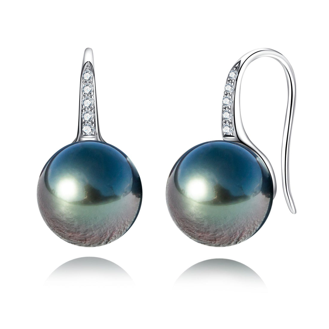 AAAA Tahitian Black Pearl Earrings, 9-12mm Round with D Color Moissanite in 10K White Gold Plated 925 Silver