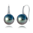 AAAA Tahitian Black Pearl Earrings, 9-12mm Round with D Color Moissanite in 10K White Gold Plated 925 Silver