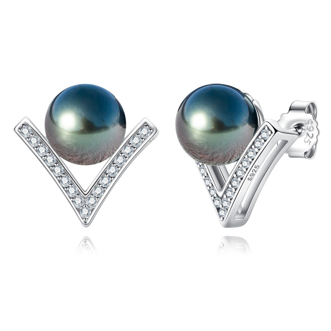 10mm V-Shape Tahitian Black Pearl Earrings with Moissanite, 10K White Gold Plated 925 Sterling Silver, Luxury Holiday Gift for Women