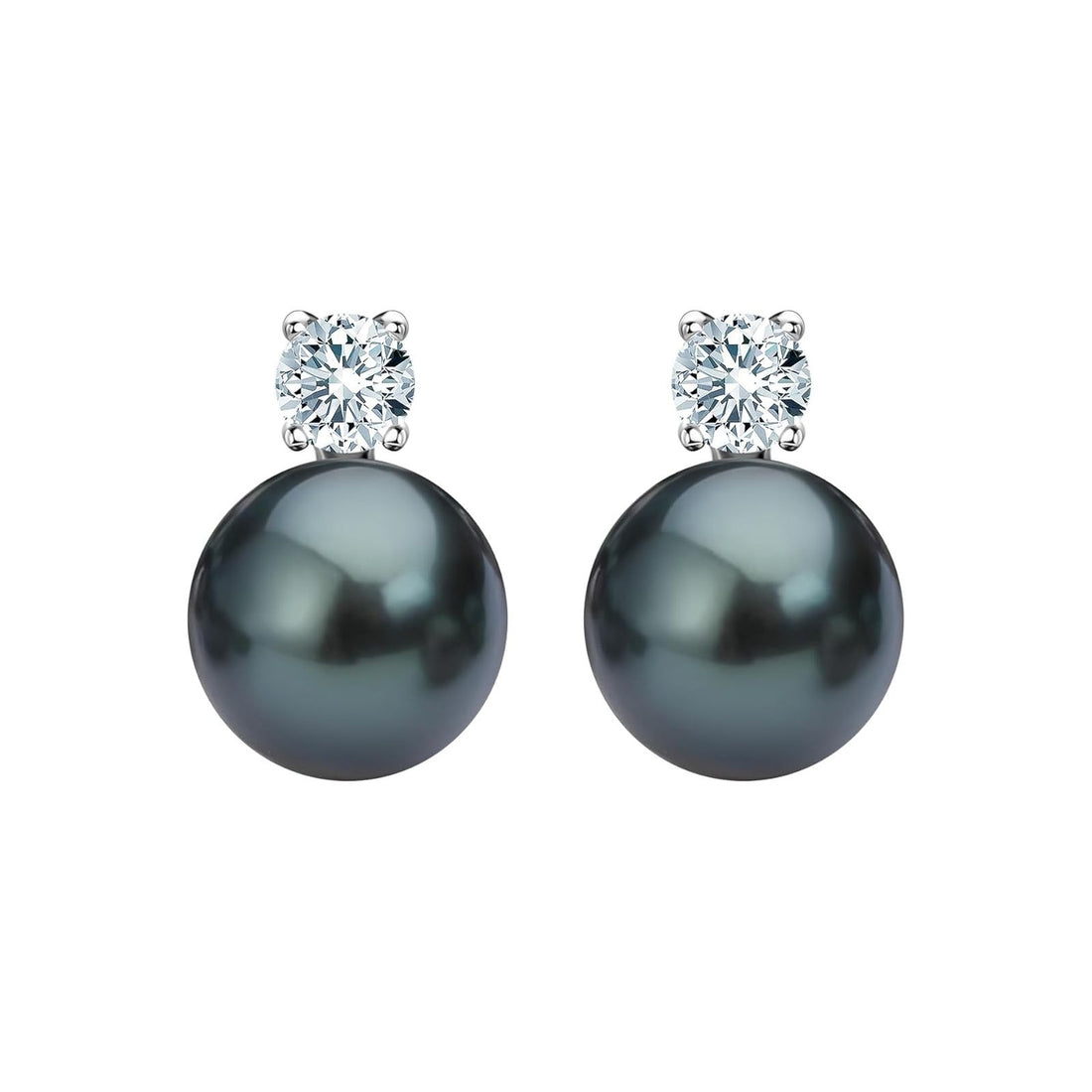 10mm Tahitian Black Pearl Stud Earrings, Classic Solitaire Design in 10K Solid White Gold with Moissanite Accents, Timeless Everyday Jewelry for Women