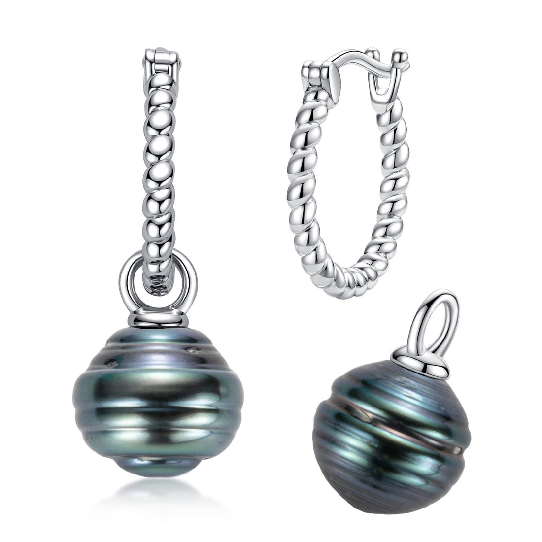 9-10mm Tahitian Black Baroque Pearl Earrings, Textured Twisted Rope Design in 18K White Gold Plated Sterling Silver, Artisan Drop Earrings for Women