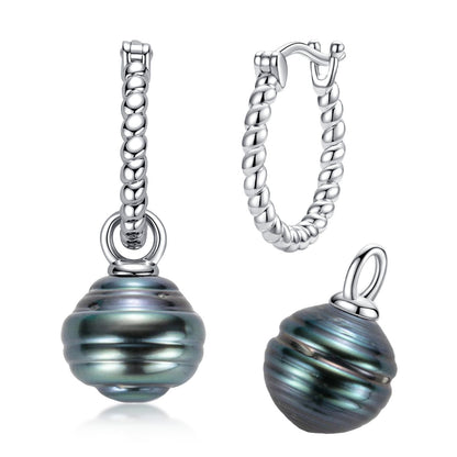 9-10mm Tahitian Black Baroque Pearl Earrings, Textured Twisted Rope Design in 18K White Gold Plated Sterling Silver, Artisan Drop Earrings for Women