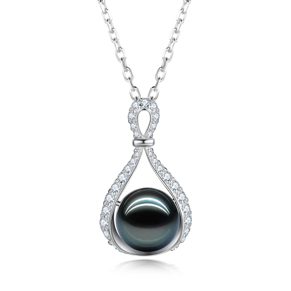 9-10mm AAAA Tahitian Black Pearl Pendant Necklace, Genuine Cultured South Sea Pearl Jewelry in 18K White Gold Plated Sterling Silver, Luxury Gift for Wife & Mom