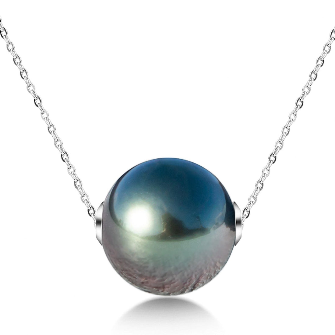 9-14mm AAA Tahitian Black Pearl Necklace, 18K Solid White Gold Pendant, 40+2+3cm Adjustable Sterling Silver Chain