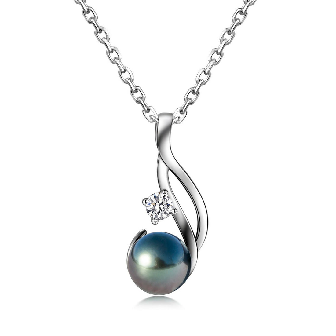 9-11mm AAAA Tahitian Black Pearl Necklace with D Color Moissanite Accents, 10K White Gold Plated over Sterling Silver, 45+2+3cm Adjustable Chain