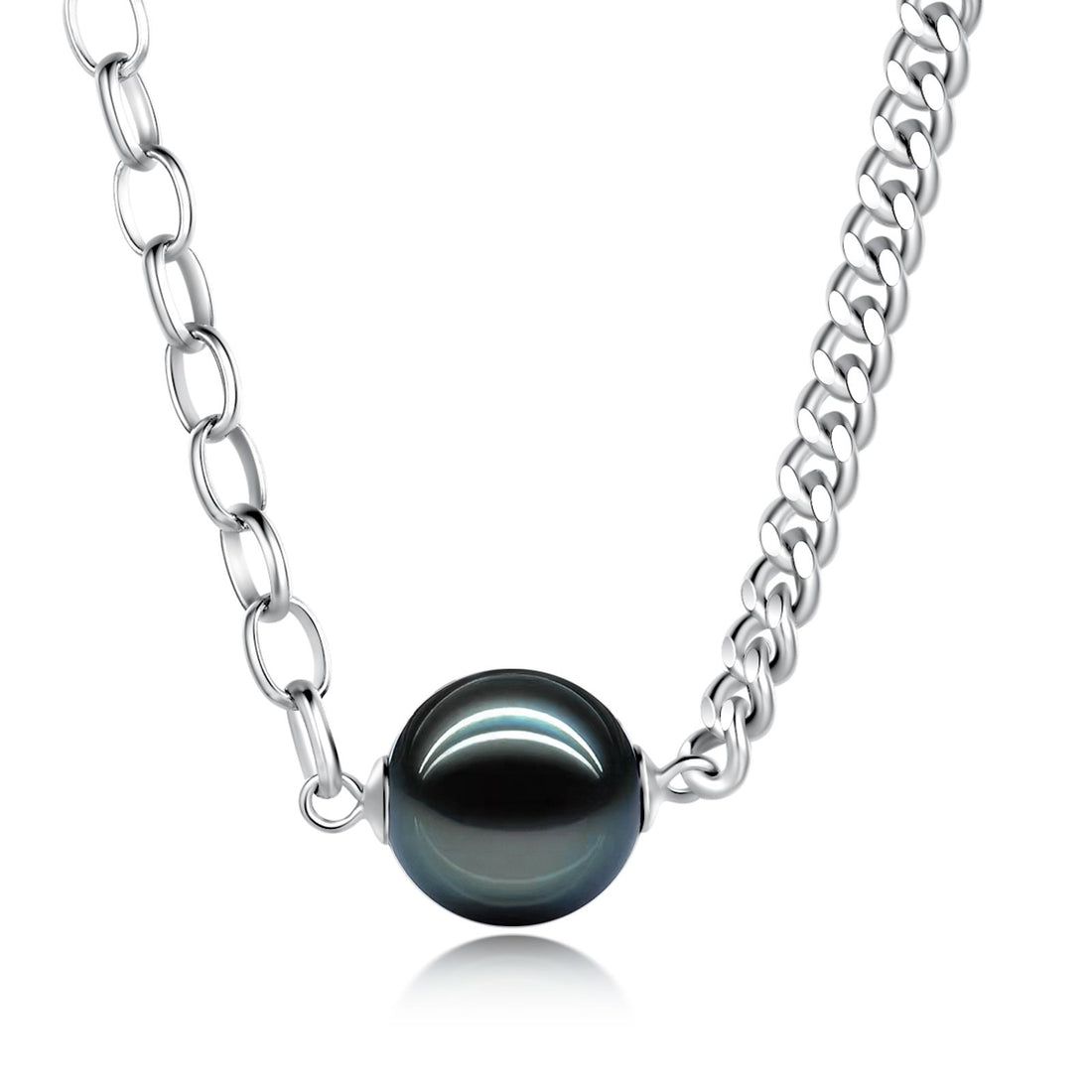 Cuban Link Necklace with Natural Black Pearl, Unisex Thick Sterling Silver Chain, Hip Hop Streetwear Jewelry for Men & Women