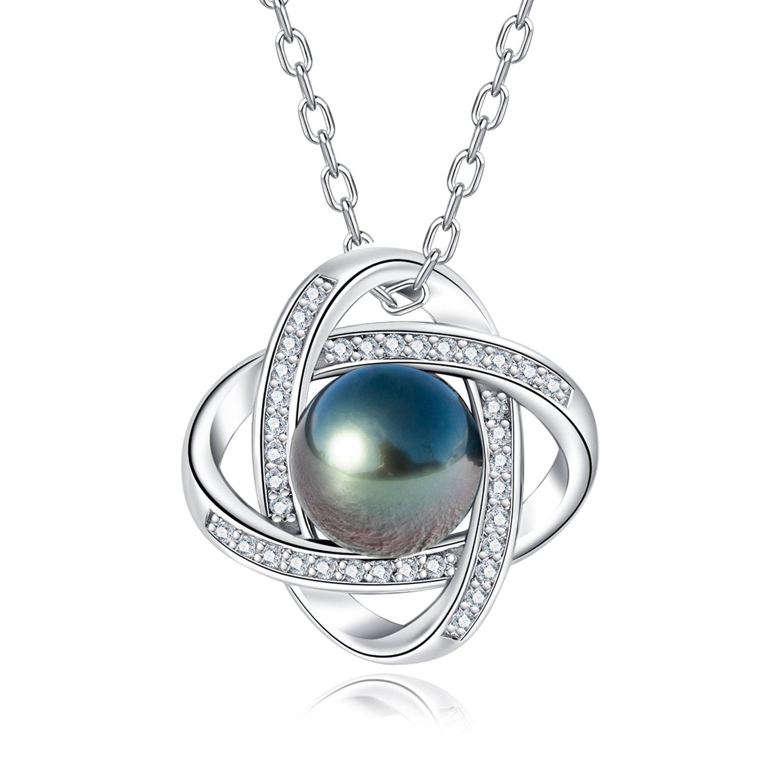 Love Knot Pendant Necklace with AAAA Tahitian Black Pearl & D Color Moissanite, 18K White Gold Plated 925 Sterling Silver, 45+2+3mm Adjustable Chain
