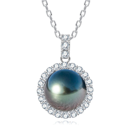 12-13mm AAAA Tahitian Black Pearl Necklace with Moissanite Pendant, 10K White Gold Plated 925 Sterling Silver, 45+2+3cm Adjustable Chain