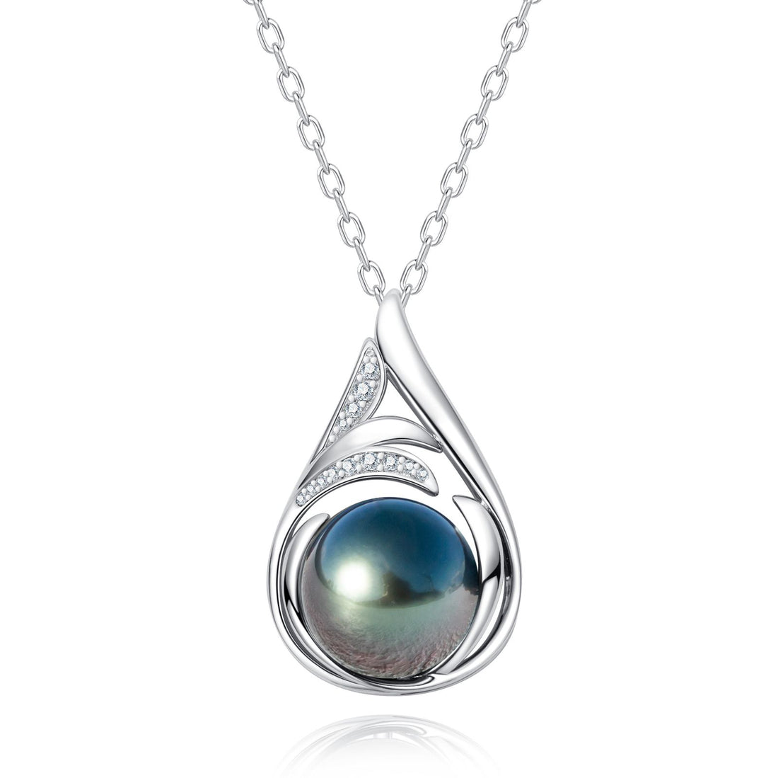 11-12mm AAAA Tahitian Black Pearl Necklace with D Color Moissanite Pendant, 18K White Gold Plated over Sterling Silver, 45+2+3mm Adjustable Chain