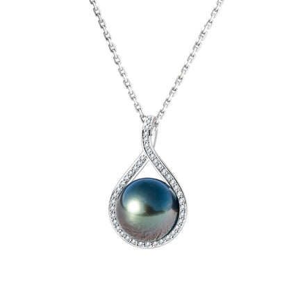 Teardrop Tahitian Black Pearl Pendant Necklace, AAAA Grade with Moissanite Halo, 18K Gold Plated Sterling Silver Chain